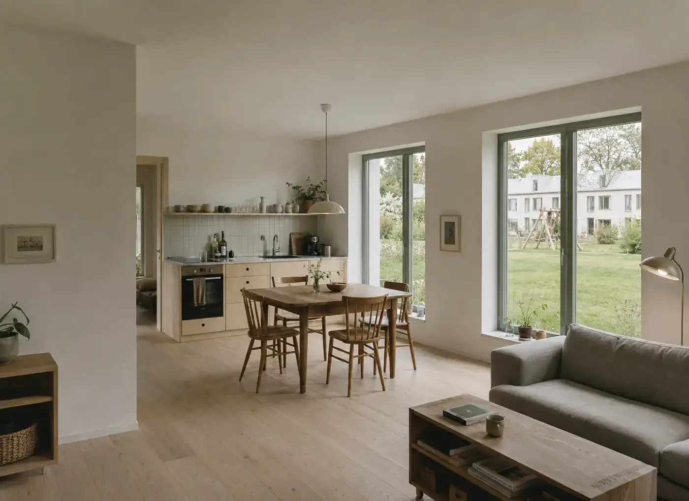 Heller Wohnraum mit Küche und Blick in den Garten an der Bayernwerkstraße